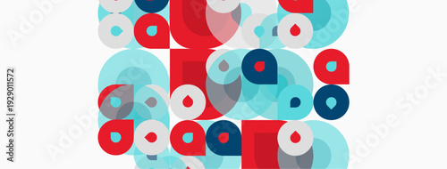 Abstract geometric pattern. Circles, squares overlap creating vibrant visual texture. Red, blue, turquoise dominate composition. Minimalist design.