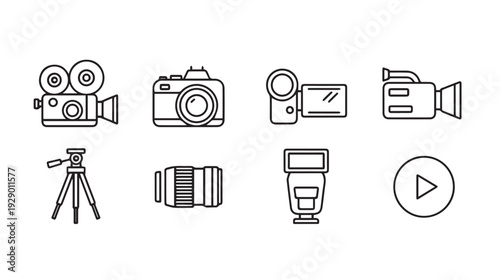 Photography and Videography Icons: Camera Camcorder Lens Tripod Flash Play Button