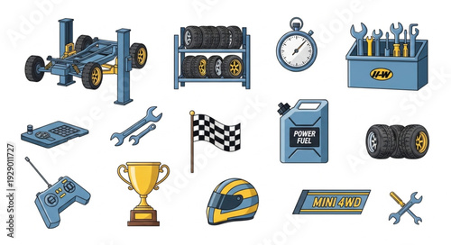 Collection of Racing and Automotive Tools and Equipment for Speed.