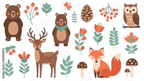Charming collection of adorable forest animals including bears, deer, owls, and foxes, surrounded by natural elements like berries, leaves, pinecones, and mushrooms, perfect for children's designs.