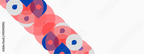 Abstract circles overlap, creating vibrant pinks, blues, whites. Diagonal composition suggests movement, simple design.