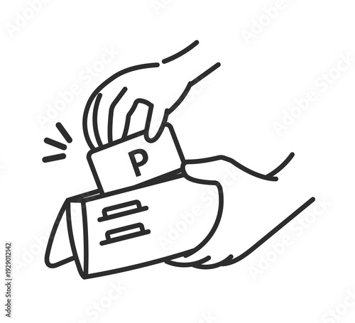 財布からポイントカードを取り出すイラスト　線画のみ
