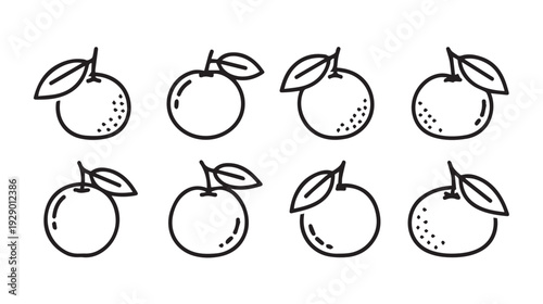 Set of orange icons with leaves and stems on white background simple line art