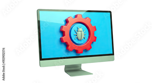 Computer Monitor Displaying Bug and Gear Icon