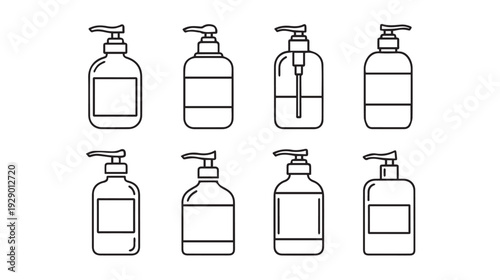 Set of Various Liquid Soap Dispenser Bottles Outline Icons Isolated on White Background