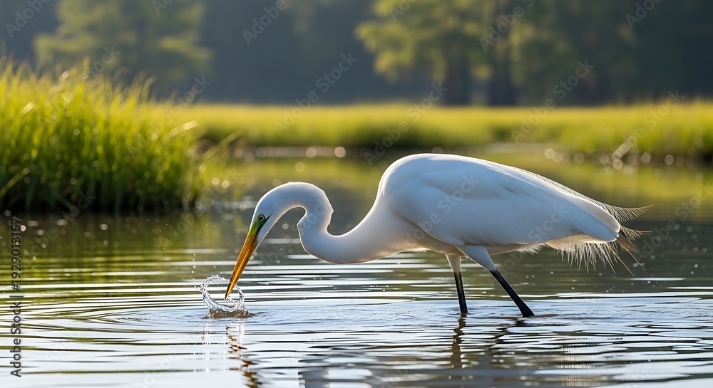 Obraz premium A white heron wades in shallow water, catching fish with its long beak