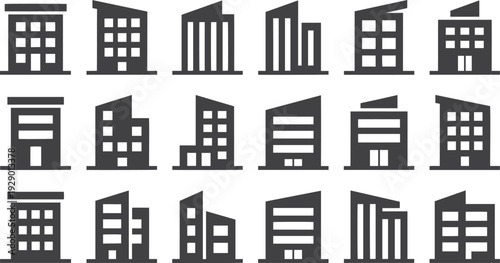 Building Icons: A collection of various stylized building icons in a minimalist design, perfect for architectural or urban-themed projects, websites, or presentations.