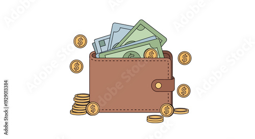 A brown leather wallet overflows with cash and coins in a financial scene.