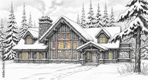 Cozy Log Cabin Surrounded by Snowy Pine Trees.