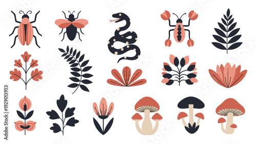 A captivating collection of stylized flat design illustrations featuring mystical insects, snakes, mushrooms, and various botanical elements in a cohesive color palette.