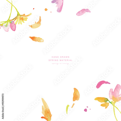 水彩画。水彩タッチの春のピンクと黄色の花イラスト。水彩のベクター植物フレーム。