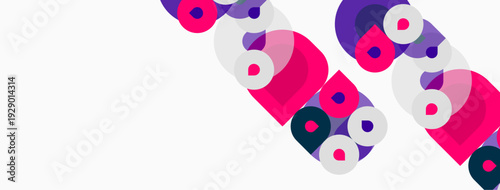 Abstract geometric shapes, circles, squares, pinks, purples, white background. Modern design elements create dynamic composition.