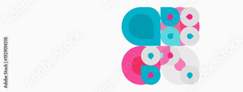 Abstract colorful circles overlap, creating playful composition. Pink, teal, white hues dominate simple design. Modern aesthetic.