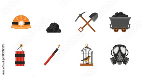 Collection of mining equipment and tools, essential for coal extraction and safety.