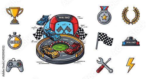 Racing game track with cars, flags, and trophy, a competitive sport.