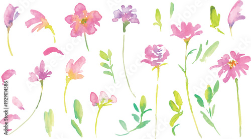 水彩画。水彩タッチの春のピンクと黄色の花イラスト。水彩のベクター植物フレーム。