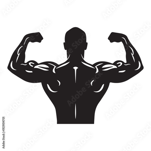 silhouette of a muscular figure flexing both arms to showcase strength and physique development