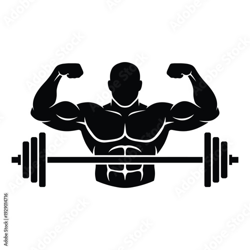 Silhouette of a strong athlete flexing muscles while lifting a barbell in a powerful pose