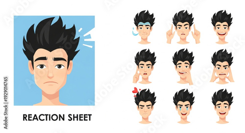 Reaction sheet of a young man with various facial expressions and emotions displayed.
