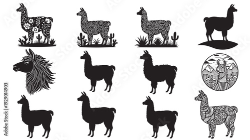 Llama silhouette and ornamental set with black alpaca icons, boho floral patterns, desert cactus scenes and line art designs