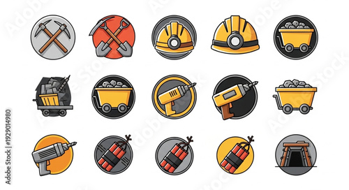 Collection of mining tools and equipment illustrations in a circular design.