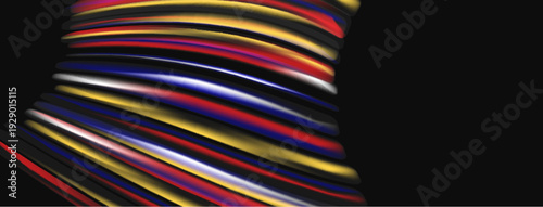 Abstract colorful swirl dominates image. Dynamic lines create vortex effect against dark background. Vivid reds, blues, yellows present.