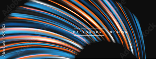 Abstract flowing lines create dynamic visual. Orange, blue hues dominate dark background. Modern design element, fluid shapes present.