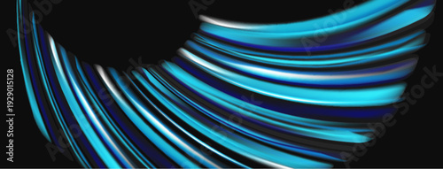 Abstract flowing lines create dynamic curved shape. Blue hues dominate against dark background. Modern digital art.