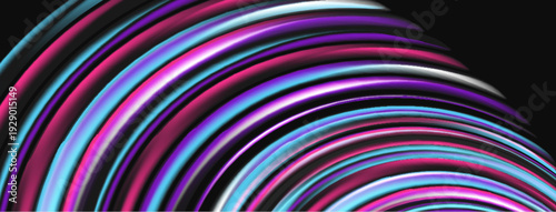 Abstract lines create curved form. Vibrant pinks, blues dominate dark background. Modern digital illustration. Smooth gradients present dynamic visual.