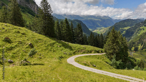 Aerial, bird view, Easy hiking trail, dirt road in alpine meadow. Green valley in Swiss Alpstein mountains. Wonderful nature, alpine trees. Hiking outdoor travel destination.