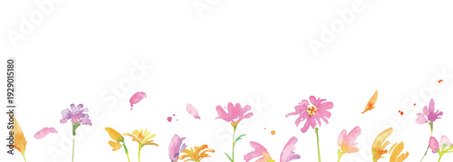 水彩画。水彩タッチの春のピンクと黄色の花イラスト。水彩のベクター植物フレーム。