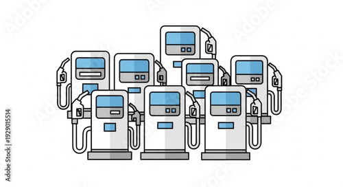 Gas station pumps in a row, ready for fueling vehicles and cars, gasoline.