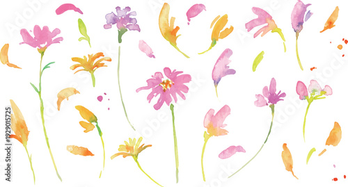 水彩画。水彩タッチの春のピンクと黄色の花イラスト。水彩のベクター植物フレーム。