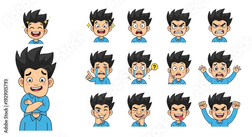 Cartoon boy expressing various emotions in different facial expressions and poses.