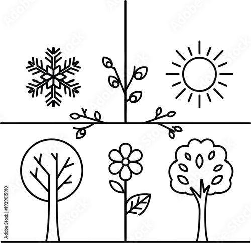 Seasonal changes illustrated with trees, flowers, snowflake and sun in four sections wqe 164