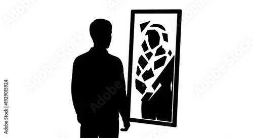 silhouette of a man looking into a rectangular mirror at a shattered and fragmented reflection of himself