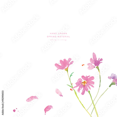 水彩画。水彩タッチの春のピンクと黄色の花イラスト。水彩のベクター植物フレーム。