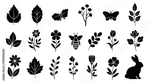 A captivating collection of black silhouette illustrations featuring various natural elements like leaves, flowers, insects, and a rabbit, perfect for diverse design projects.