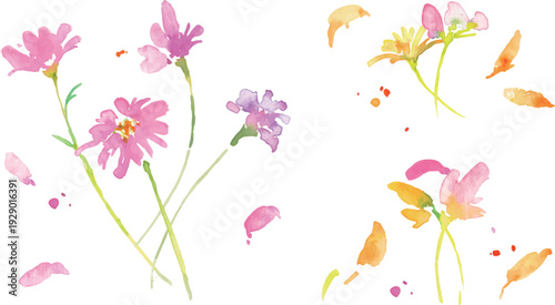 水彩画。水彩タッチの春のピンクと黄色の花イラスト。水彩のベクター植物フレーム。