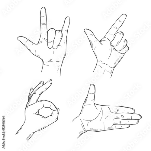 Illustration Hand drawn Set Human hand Action sketch ink style on white background.