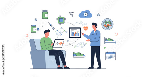 Digital Healthcare and Wellness Data Analysis. Doctor Consults Patient on Personalized Medicine, Diet, and Fitness Tracking via App.