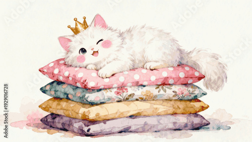 Cozy Kitty little cat on pillows isolated watercolor vector illustration svg