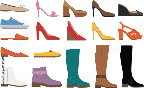 Collection of various colorful shoes and boots including heels, sneakers, sandals, and boots in different styles and colors