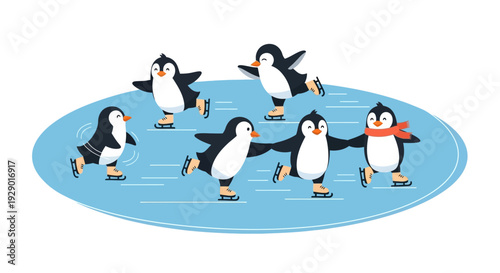 Penguins ice skating in a fun playful circle on frozen blue rink