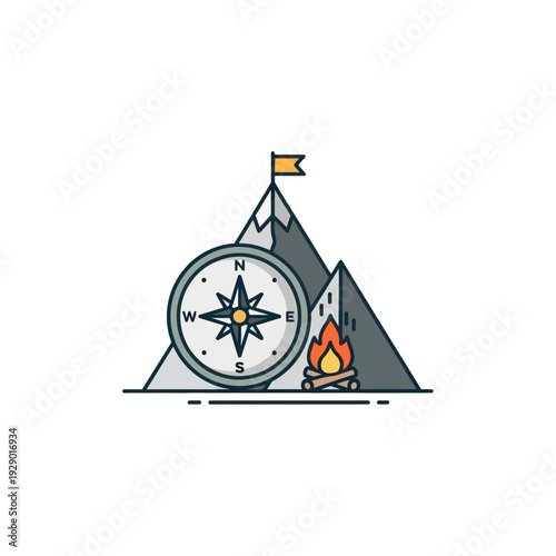 Outdoor adventure concept with mountains, compass, campfire, and flag
