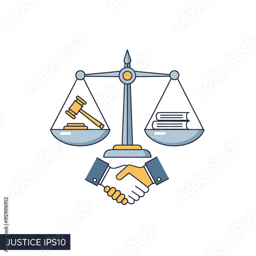 Justice scales with gavel, law books and handshake icon