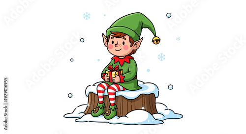 Smiling Christmas elf sitting on snowy tree stump with gift