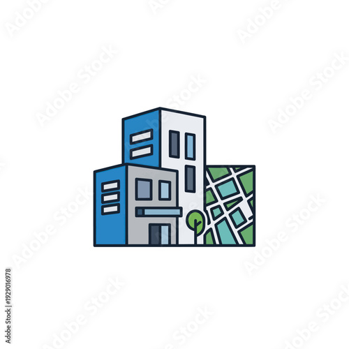 Stylized city buildings with map and tree icon illustration