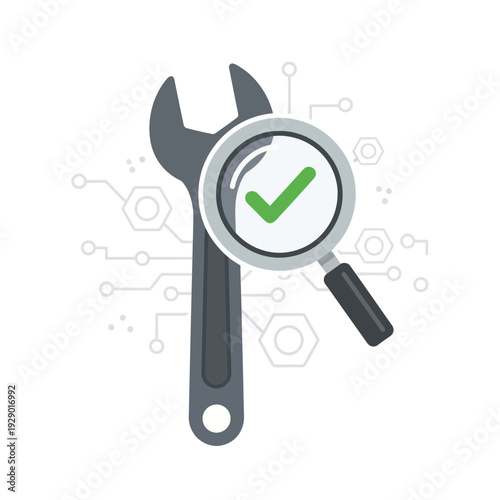 Wrench with magnifying glass and checkmark for system maintenance