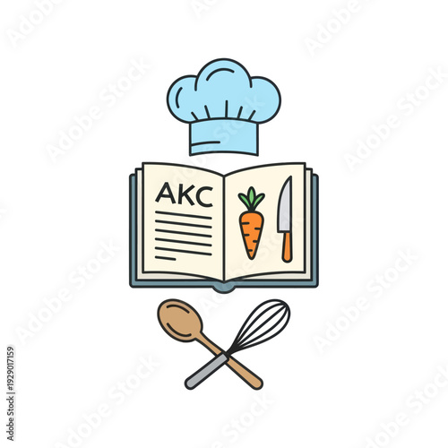 Cooking recipe book with chef hat and kitchen utensils